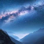 ネパールの夜　天の川と山々とトレッキングルート
