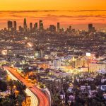 カリフォルニア州ロサンジェルス　夜明けのダウンタウンの風景