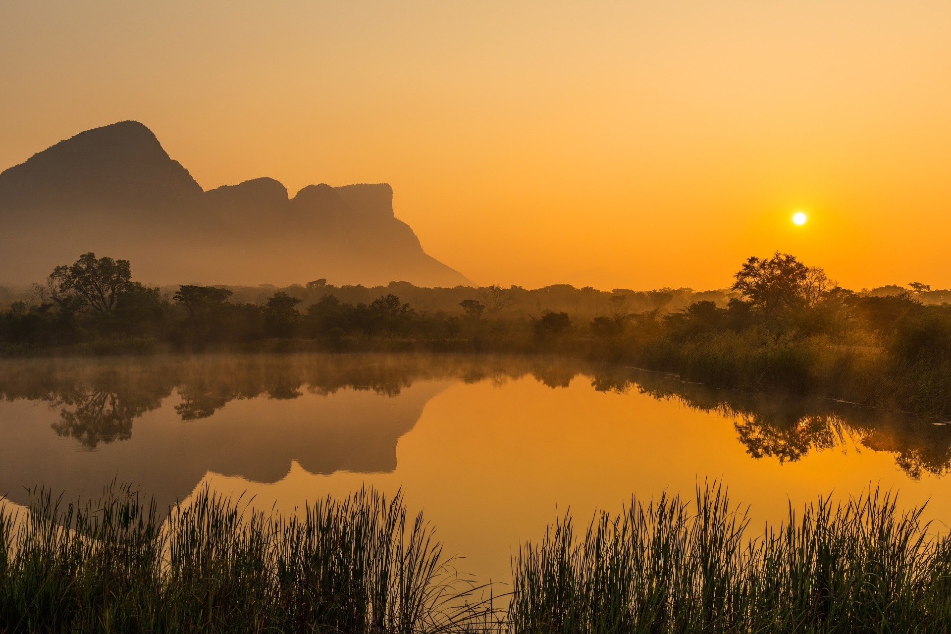 朝霧の中のハングリップ山と湿地と湖と日の出の風景　南アフリカ　エンタベニ・ゲーム保護区