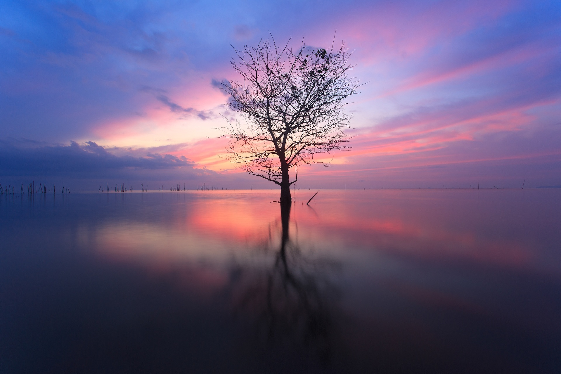 夜明けの湖の風景　タイの風景