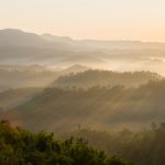タイの山岳風景　朝日に浮かぶ霧に包まれた山々