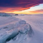 冬のバイカル湖　夕暮れの風景　ロシアの風景