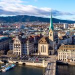空から見たチューリッヒ旧市街　スイスの風景