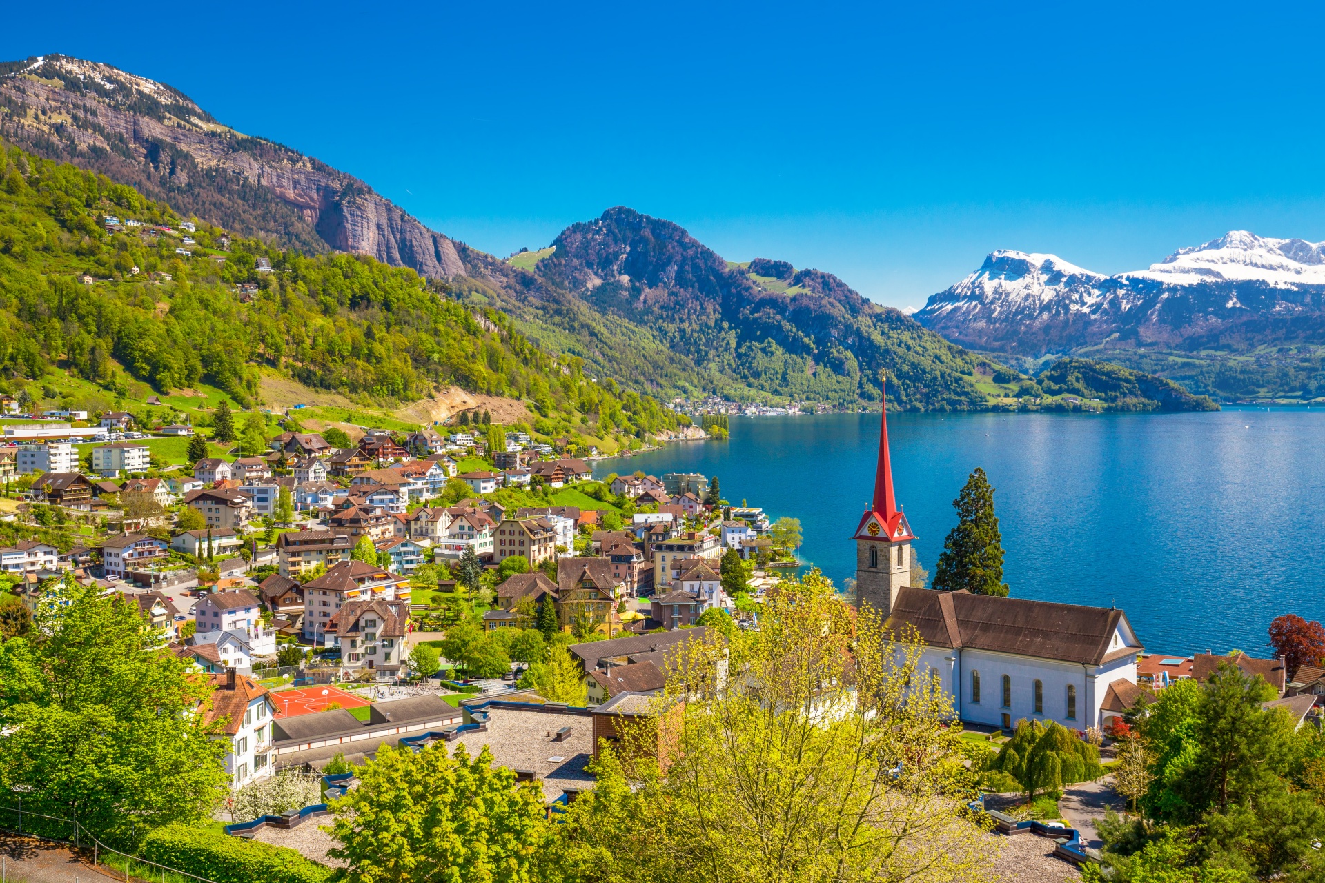 ルツェルン湖とスイスアルプス　スイスの風景