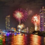 花火とチャオプラヤー川　バンコク　タイの風景
