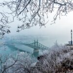 冬のブダペスト　ドナウ川にかかる自由橋　冬のハンガリーの風景