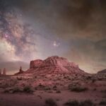 夜の夕日とモニュメント・バレーの星空　ユタ　アメリカ合衆国の風景