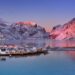 ロフォーテン諸島レーヌ村の冬の夕暮れの風景　ノルウェーの風景